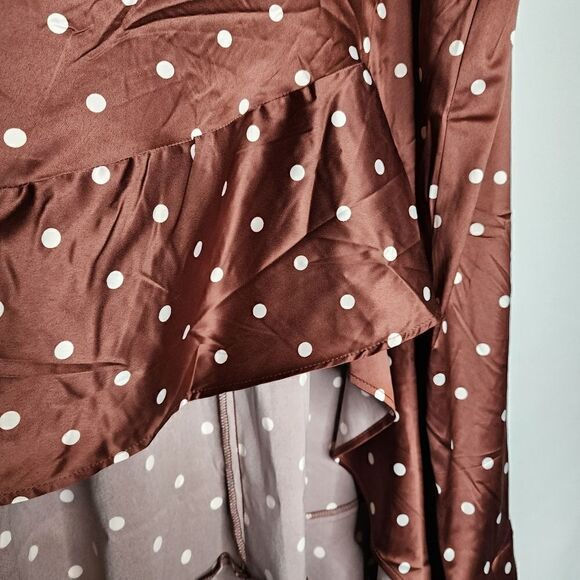 4X 26W Torrid Brown Polka Dot Midi Stretch Satin Skirt Hi Lo Ruffle Pockets Pull - Picture 7 of 7